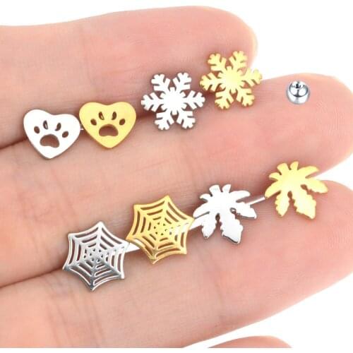 2Pcs Heart Snowflake Spider Web Helix Conch Piercing Studs Earrings Surgical Steel Barbell Tragus Cartilage Piercing Ear Jewelry