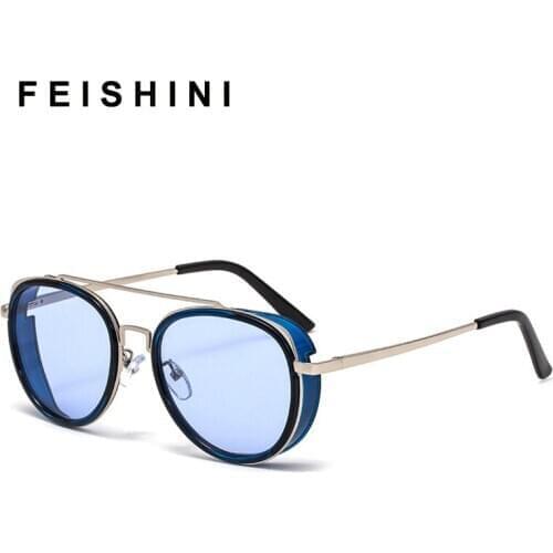 FEISHINI 2020 New Gothic Steampunk Round Sunglasses Men Red Punk Goggle Luxury Fashion Oval Sun Glasses For Women Vintage Shades