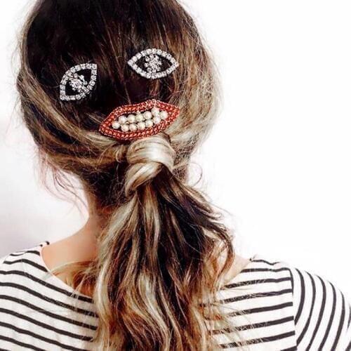 Stonefans Red Lips Pearl Rhinestone Hair Barrette Clips for Women Eye Crystal Bobby Pins Hair Clips Trendy Jewelry Gifts