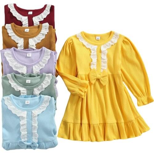 Toddler Girl Rib Knit Dress, Long Sleeve Round Neck Bow Front Lace Patchwork Ruffle Dress