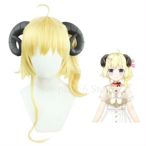 VTuber Tsunomaki Watame Wig Horns Hololive Cosplay Watamelon Girls Blonde Golden Braided Synthetic Hair Kawaii Lolita