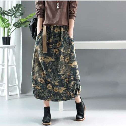 2021 New Spring/autumn Arts Style Women Loose Casual Vintga Print A-line Skirt All-matched Elastic Waist Cotton Denim Skirts