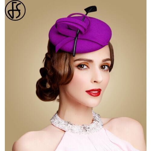 FS Purple Fascinator Hat For Wedding Women Wool Felt Pink Hats Elegant Lady Pillbox Fedoras Feather Black Party Church Hats