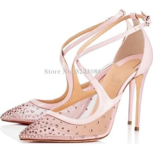Women Pink Mesh Crystal Bridal Shoes Sexy New Pointed Toe Cross Strap Stiletto Heel Pumps Shoes Lady Large Size Single Shoes