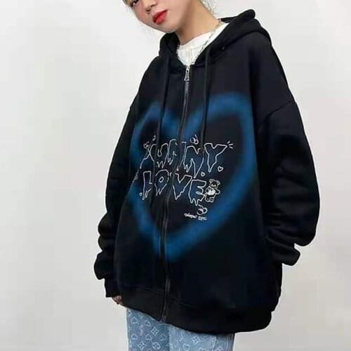 Punk Print Zip Up Gothic Y2k Hoodie For Women Vintage Black Oversize 90s Vintage Long Sleeve Coat Winter Womens Fashion Jacket