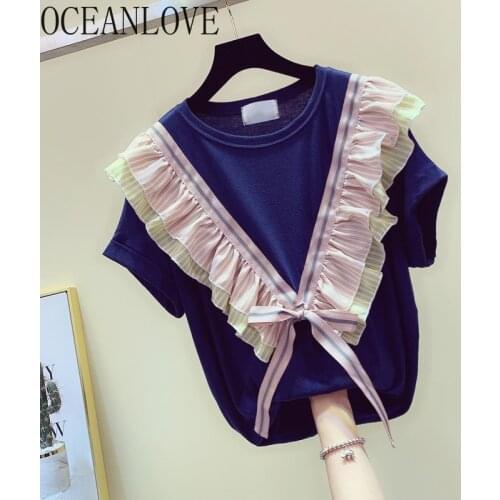 OCEANLOVE Ruffles Woman T Shirts Bow Sweet 2021 Summer Patchwork Big Size Camisetas De Mujer Retro Korean Ropa Mujer Fahsion