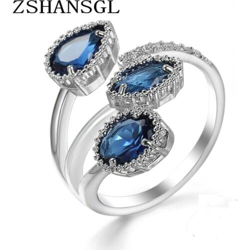 Classic Silver Color High Quality Clear Blue Sparking CZ Geometric Stackable Opening Rings for Women Wedding Jewelry Gift