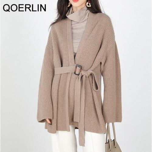 QOERLIN Cardigans Jacket 2021 Women Autumn Winter Long Cashmere Knitted Cardigan Sweater Sashes Open Stitch Crochet Outerwear