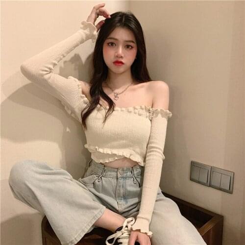 Design sense lace one-shoulder top short knit sweater womens spring 2021 new slim and thin western style long-sleeved top