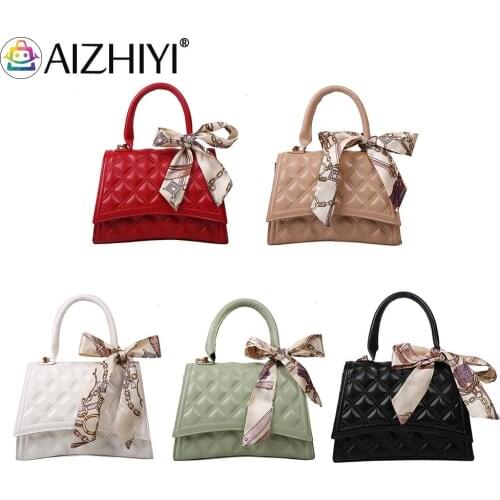 Ladies Silk Scarf PU Leather Checker Pattern Top-handle Solid Color Small Handbags Vintage Women Crossbody Shoulder Bag Casual