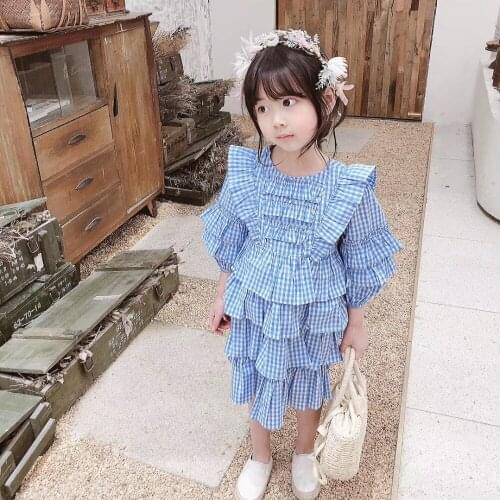 140/7T baby girls clothes spring summer baby girls dress pink blue plaid cotton three quarter sweet kids princess dresses