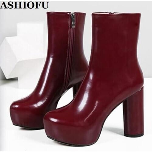 ASHIOFU Handmade New Chunky Heel Ladies Boots Shinny Leather Party Prom Ankle Boots Platform Evening Club Sexy Fashion Booties