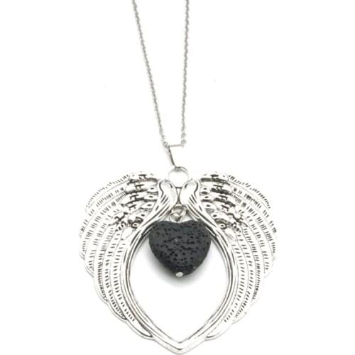 Large Wings Love Heart Black Lava Stone Beads Aromatherapy Essential Oil Perfume Diffuser Pendant Necklace Jewelry Women