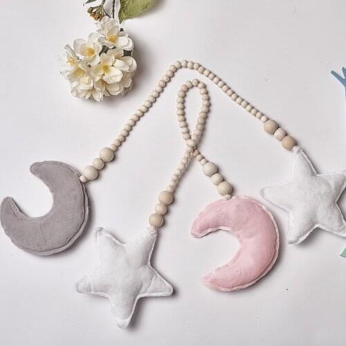 Wooden Nordic Moon Star ringing baby carriage decorative pillow Beaded toys childrens bedroom crib decorative props