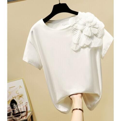 Tshirt 2020 Spring Summer New Korean Handmade Three-dimensional Flower Round Collar Short Sleeved T Shirts Women Leisure Tops