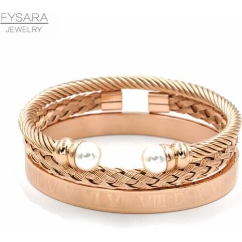 FYSARA 3pcs/Set Charm Pearl Cuff Bracelets Women Jewelry Accessories Rose gold Color Roman Bangles Wire Twist Cuff Bracelets