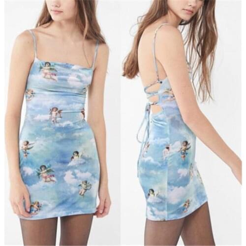 Summer Women Spaghetti Strap Dress Angel Print Slash Neck Bandage Sleeveless Mini Dress