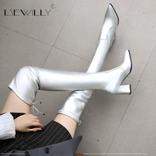 Lsewilly Autumn 2020 Over The Knee Silver Black Boots Top Lace Up Pointed Toe Block High Heels Shoes Thigh High Overknee Boots