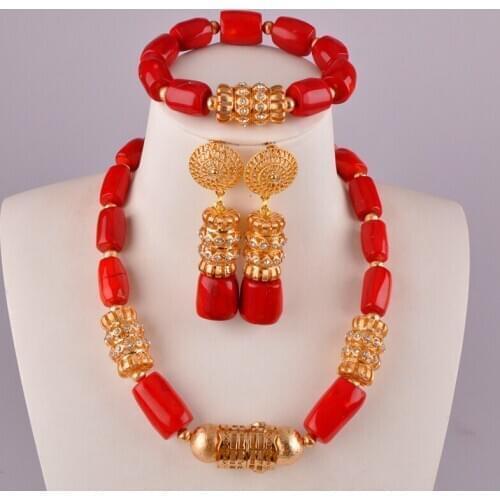 In fashion african red coral beads necklace jewelry set nigerian wedding set C21-35-03