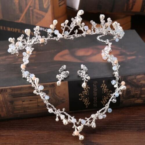 Fashion Silver Color Hair Jewelry Handmade Pearl Tiaras And Crowns Set Rhinestone Crystal Bridal Wedding Women Hair Accessories