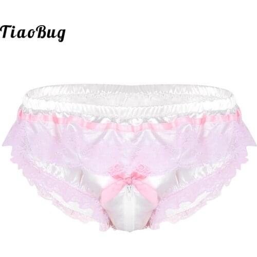 TiaoBug Mens Sissy Shiny Soft Satin Lingerie Ruffled Floral Lace Zipper Crotch High Cut Briefs Underwear Sexy Pink Panties
