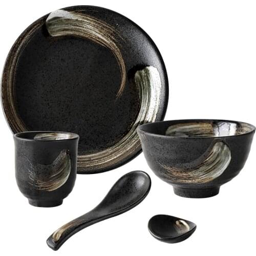 ANTOWALL Japanese style 1Person Set Ceramic Tableware 5pcs Set home retro simple single dish restaurant dinnerware