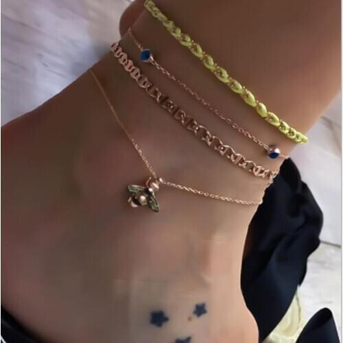 Docona Boho Colorful Bee Cotton Knitting Anklet Set for Women Gold Beads Chains Layered Anklet Bracelets On the Leg 8665