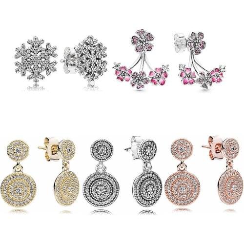 Original Rose Golden Radiant Elegance Snowflake Peach Blossom With Crystal Studs Earring For Women Gift Pandora DIY Jewelry
