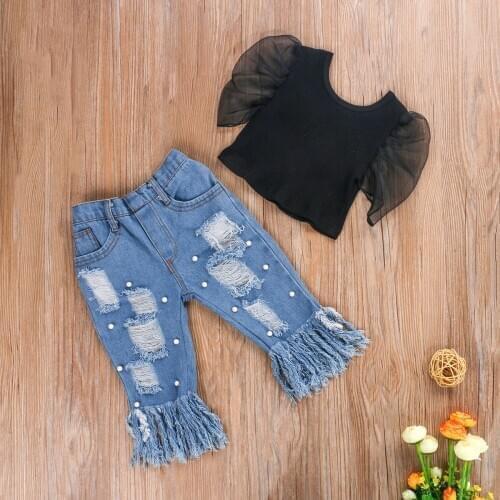 1-5Y Fashion Kids Clothes sets Mesh Baby Girl Puff Short Sleeve Round Neck Crop Top Pocket Ripped Jeans Outfits