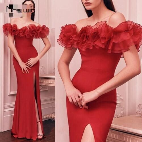 Mrs win Bridesmaid Dresses HR295 Ruffles Off Shoulder Boat Neck Side Split Wedding Guest Dresses Mermaid Long Vestido Madrinha