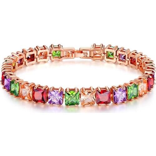 Luxury Single Row Rainbow Square Zirconia Bracelet Length 18.7cm Rose Gold Color Buckle Bracelets For Women Birthday Gift