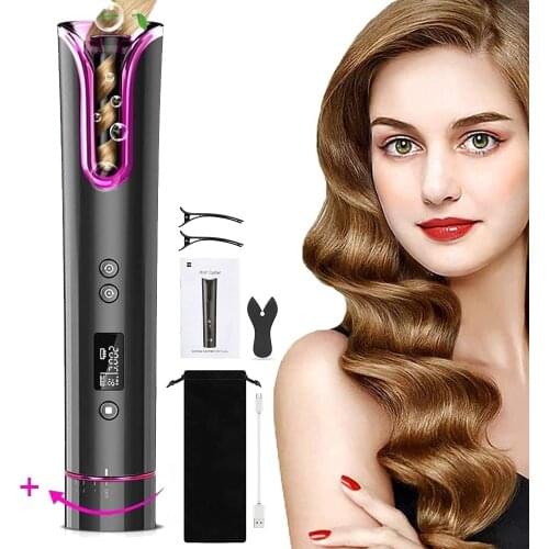 Cordless Automatic Hair Curler USB Rechargeable Curling Iron Curls Waves LCD Display Ceramic Curly Rotating Curling Wave Styer