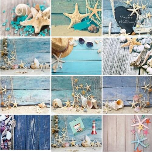 SHENGYONGBAO Wooden Board Starfish Shell Conch Photography Background Vinyl Cloth Baby Shower Photo Backdrop Props 210321CAR-03