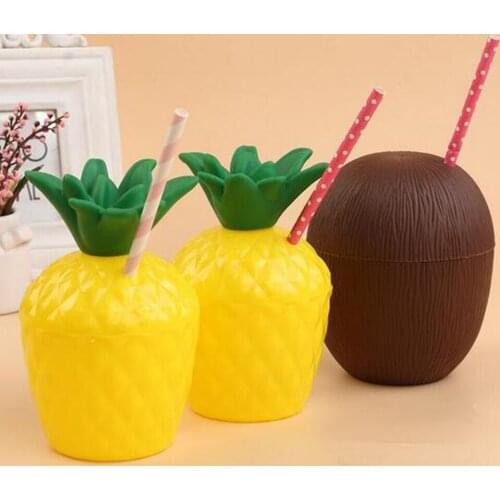 Pack of 12 Hawaiian Tropical Plastic Pineapple Coconut Drink Cups with Straws Party Supplier