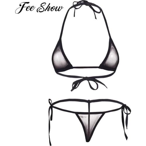 Women Sexy Micro Thong G-string Lingerie Mesh Halter Top Bra with Bottom Erotic Underwear See-through Bikini Beach Swimwear Set