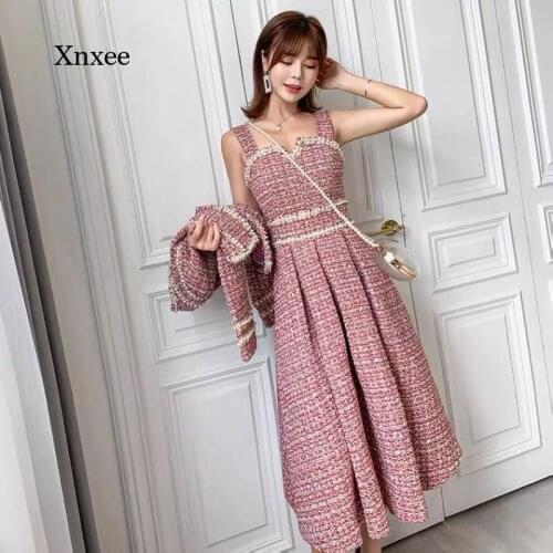 New 2020 Autumn High Quality Women 2 Piece Set Tweed Short Jacket Coat+Beading Vest Dress Elegant Fashion Party Dresses 2 Sets
