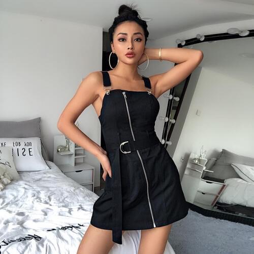 Rock Punk Black V-neck Zipper Strap Party Summer Mini Dress Backless Sexy Bodycon Club Dresses With Belt Gothic Women Vestidos