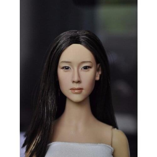 1/6 Female Head Sculpt Asian Black Long Hair Girl Oriental Beauty Woman Head Carving Sculpt Fit 12" Inch Action Figure Body