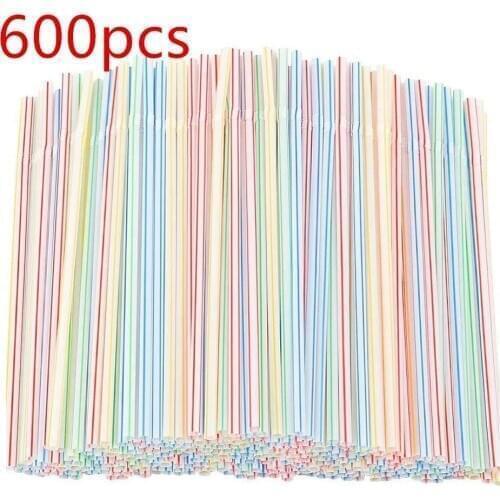 600pcs Plastic Drinking Straws 8 Inches Long Multi-Colored Striped Bedable Disposable Straws Party Multi Colored Rainbow Straw