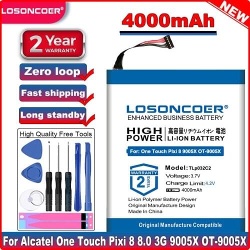 LOSONCOER TLp032C2 TLp032CC Battery 4000mAh For Alcatel One Touch Pixi 8 8.0 3G 9005X OT-9005X Mobile Phone Batteries