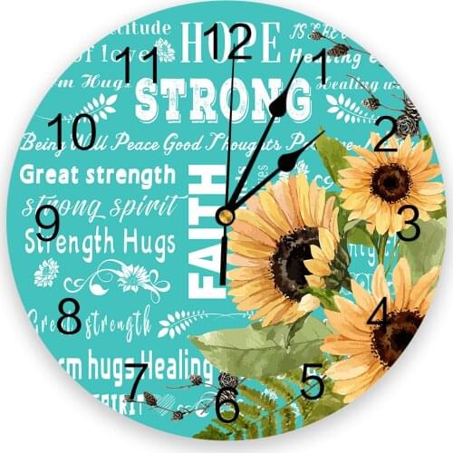 Positive Energy Text Sunflower Turquoise Wall Clock Modern Design Hanging Watch for Home Decoration Home Living Room Wall Art