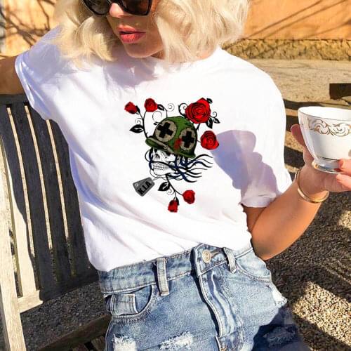 Skull With Rose 100%Cotton Colored Print T Shirt Funny Women Gothic Hipster Rock Music Tshirt Aesthetic Mexican Halloween Tees
