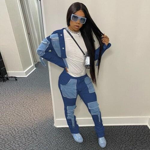 ZKYZWX Patchwork Jeans Jacket for Women Fall Clothing Fashion Long Sleeve Button Cardigan Crop Top Streetwear club Denim coats