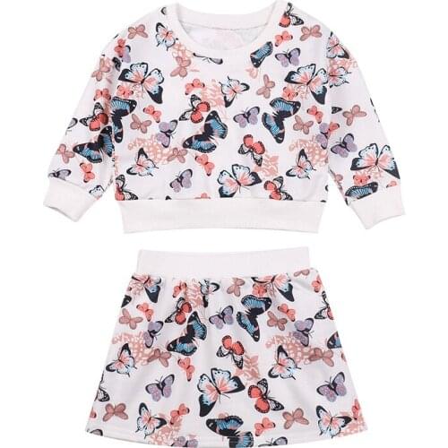 Butterfly Print Girls Clothing Set O-neck Sweatshirts Skirt 2pcs Matching Suits Fro Kids 2021 New Summer Fall Children Outfits