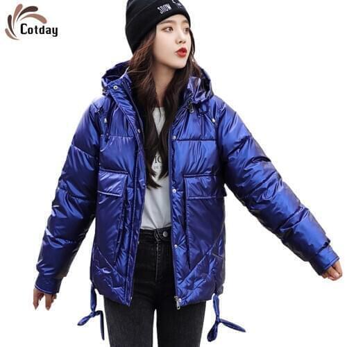 Cotday No Wash Glossy Down Jacket Loose Royal Blue Korea Women Short With Hooded Bread Female New Winter Down Jacket Coat