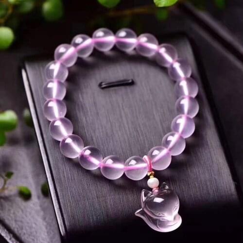 Fashion A++++ 100% Natural Natural pink crystal with hand carved fox Bracelet