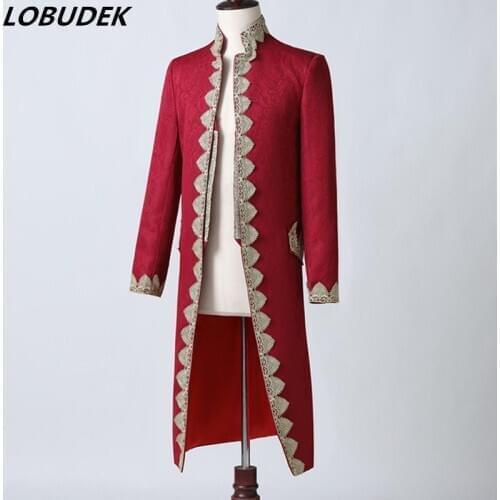 Men Wine Red Embroidery Jacquard Long Blazer Mens Wedding Groom Tuxedo Male Singer Host Stage Performance Costume British Court