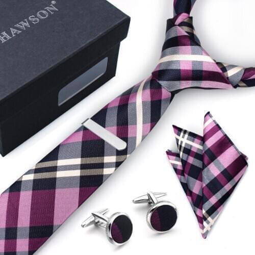 HAWSON Mens Checkered Tie Pocket Square Set with Cuff Links and Tie Clip in Gift Box, Gift for Dad, Mens Accessory