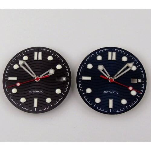 Nologo 30.8mm Black Blue Watch Dial Waves Patterns Wristwatch Hand for NH35 Date Display