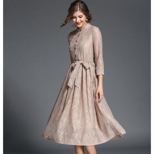 Autumn Plus Size Women Khaki Lace Dresses Stand Collar Robes Femme Hollow Out Sashes Bowknot Vestidos de Festa Gray Dress